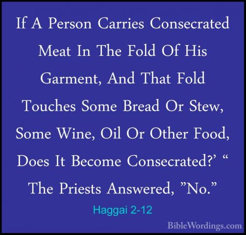 Haggai 2-12 - If A Person Carries Consecrated Meat In The Fold OfIf A Person Carries Consecrated Meat In The Fold Of His Garment, And That Fold Touches Some Bread Or Stew, Some Wine, Oil Or Other Food, Does It Become Consecrated?' " The Priests Answered, "No." 