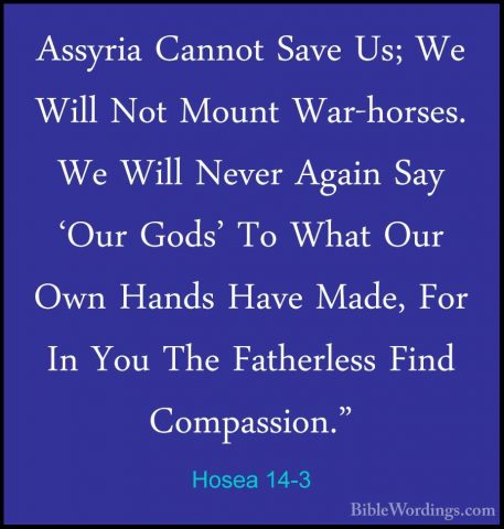 Hosea 14-3 - Assyria Cannot Save Us; We Will Not Mount War-horsesAssyria Cannot Save Us; We Will Not Mount War-horses. We Will Never Again Say 'Our Gods' To What Our Own Hands Have Made, For In You The Fatherless Find Compassion." 