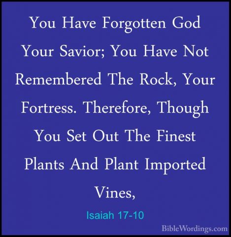 Isaiah 17-10 - You Have Forgotten God Your Savior; You Have Not RYou Have Forgotten God Your Savior; You Have Not Remembered The Rock, Your Fortress. Therefore, Though You Set Out The Finest Plants And Plant Imported Vines, 