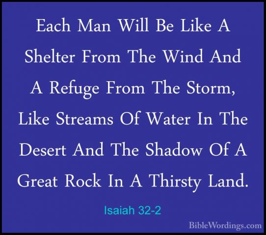 Isaiah 32-2 - Each Man Will Be Like A Shelter From The Wind And AEach Man Will Be Like A Shelter From The Wind And A Refuge From The Storm, Like Streams Of Water In The Desert And The Shadow Of A Great Rock In A Thirsty Land. 