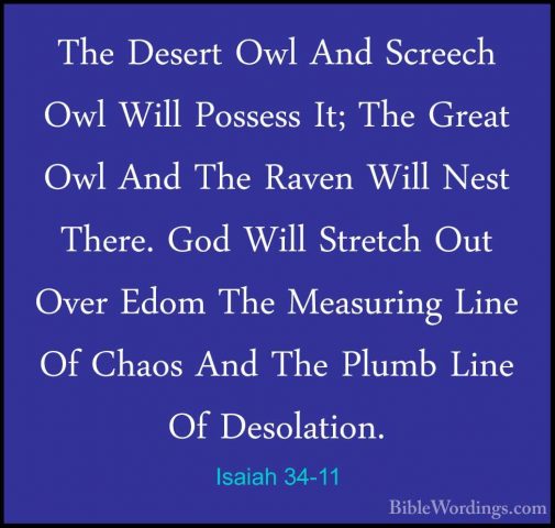 Isaiah 34-11 - The Desert Owl And Screech Owl Will Possess It; ThThe Desert Owl And Screech Owl Will Possess It; The Great Owl And The Raven Will Nest There. God Will Stretch Out Over Edom The Measuring Line Of Chaos And The Plumb Line Of Desolation. 