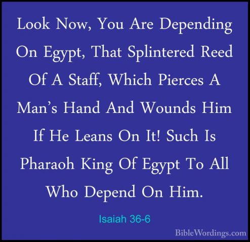 Isaiah 36-6 - Look Now, You Are Depending On Egypt, That SplinterLook Now, You Are Depending On Egypt, That Splintered Reed Of A Staff, Which Pierces A Man's Hand And Wounds Him If He Leans On It! Such Is Pharaoh King Of Egypt To All Who Depend On Him. 