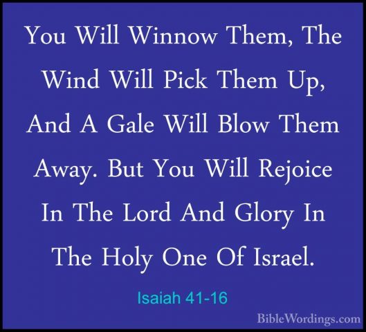Isaiah 41-16 - You Will Winnow Them, The Wind Will Pick Them Up,You Will Winnow Them, The Wind Will Pick Them Up, And A Gale Will Blow Them Away. But You Will Rejoice In The Lord And Glory In The Holy One Of Israel. 