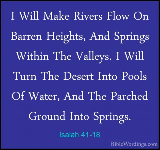Isaiah 41-18 - I Will Make Rivers Flow On Barren Heights, And SprI Will Make Rivers Flow On Barren Heights, And Springs Within The Valleys. I Will Turn The Desert Into Pools Of Water, And The Parched Ground Into Springs. 