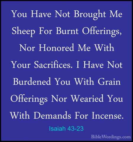 Isaiah 43-23 - You Have Not Brought Me Sheep For Burnt Offerings,You Have Not Brought Me Sheep For Burnt Offerings, Nor Honored Me With Your Sacrifices. I Have Not Burdened You With Grain Offerings Nor Wearied You With Demands For Incense. 