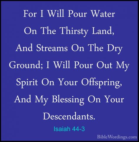 Isaiah 44-3 - For I Will Pour Water On The Thirsty Land, And StreFor I Will Pour Water On The Thirsty Land, And Streams On The Dry Ground; I Will Pour Out My Spirit On Your Offspring, And My Blessing On Your Descendants. 