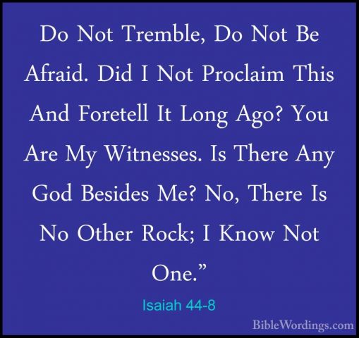 Isaiah 44-8 - Do Not Tremble, Do Not Be Afraid. Did I Not ProclaiDo Not Tremble, Do Not Be Afraid. Did I Not Proclaim This And Foretell It Long Ago? You Are My Witnesses. Is There Any God Besides Me? No, There Is No Other Rock; I Know Not One." 