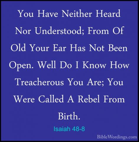Isaiah 48-8 - You Have Neither Heard Nor Understood; From Of OldYou Have Neither Heard Nor Understood; From Of Old Your Ear Has Not Been Open. Well Do I Know How Treacherous You Are; You Were Called A Rebel From Birth. 