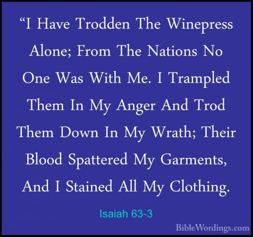 Isaiah 63-3 - "I Have Trodden The Winepress Alone; From The Natio"I Have Trodden The Winepress Alone; From The Nations No One Was With Me. I Trampled Them In My Anger And Trod Them Down In My Wrath; Their Blood Spattered My Garments, And I Stained All My Clothing. 