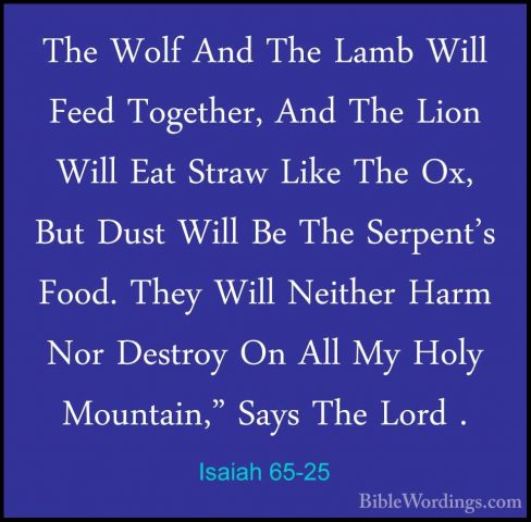Isaiah 65-25 - The Wolf And The Lamb Will Feed Together, And TheThe Wolf And The Lamb Will Feed Together, And The Lion Will Eat Straw Like The Ox, But Dust Will Be The Serpent's Food. They Will Neither Harm Nor Destroy On All My Holy Mountain," Says The Lord .