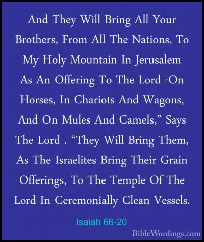 Isaiah 66-20 - And They Will Bring All Your Brothers, From All ThAnd They Will Bring All Your Brothers, From All The Nations, To My Holy Mountain In Jerusalem As An Offering To The Lord -On Horses, In Chariots And Wagons, And On Mules And Camels," Says The Lord . "They Will Bring Them, As The Israelites Bring Their Grain Offerings, To The Temple Of The Lord In Ceremonially Clean Vessels. 