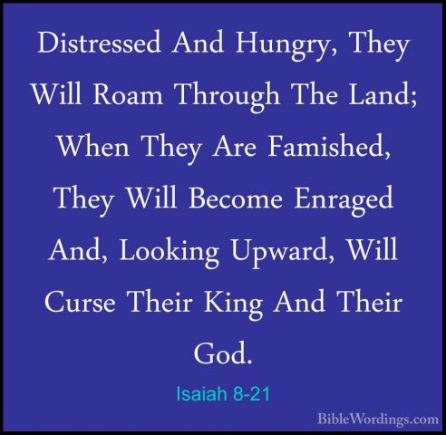 Isaiah 8-21 - Distressed And Hungry, They Will Roam Through The LDistressed And Hungry, They Will Roam Through The Land; When They Are Famished, They Will Become Enraged And, Looking Upward, Will Curse Their King And Their God. 