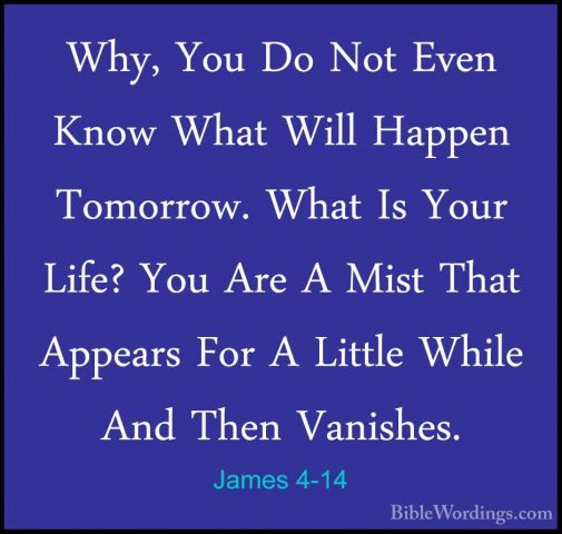 James 4-14 - Why, You Do Not Even Know What Will Happen Tomorrow.Why, You Do Not Even Know What Will Happen Tomorrow. What Is Your Life? You Are A Mist That Appears For A Little While And Then Vanishes. 