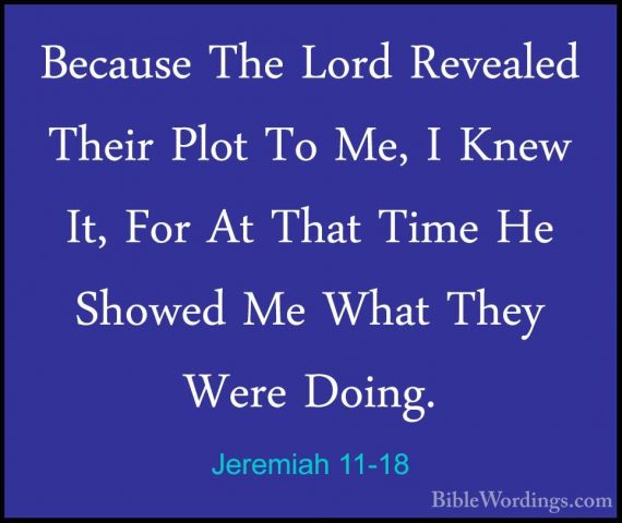 Jeremiah 11-18 - Because The Lord Revealed Their Plot To Me, I KnBecause The Lord Revealed Their Plot To Me, I Knew It, For At That Time He Showed Me What They Were Doing. 