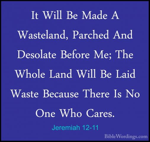 Jeremiah 12-11 - It Will Be Made A Wasteland, Parched And DesolatIt Will Be Made A Wasteland, Parched And Desolate Before Me; The Whole Land Will Be Laid Waste Because There Is No One Who Cares. 