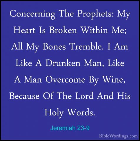 Jeremiah 23-9 - Concerning The Prophets: My Heart Is Broken WithiConcerning The Prophets: My Heart Is Broken Within Me; All My Bones Tremble. I Am Like A Drunken Man, Like A Man Overcome By Wine, Because Of The Lord And His Holy Words. 