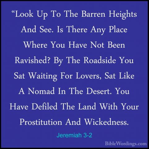 Jeremiah 3-2 - "Look Up To The Barren Heights And See. Is There A"Look Up To The Barren Heights And See. Is There Any Place Where You Have Not Been Ravished? By The Roadside You Sat Waiting For Lovers, Sat Like A Nomad In The Desert. You Have Defiled The Land With Your Prostitution And Wickedness. 