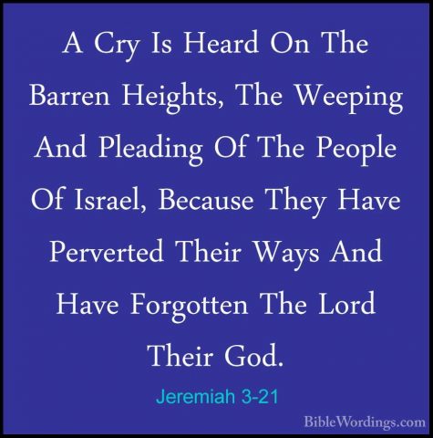 Jeremiah 3-21 - A Cry Is Heard On The Barren Heights, The WeepingA Cry Is Heard On The Barren Heights, The Weeping And Pleading Of The People Of Israel, Because They Have Perverted Their Ways And Have Forgotten The Lord Their God. 