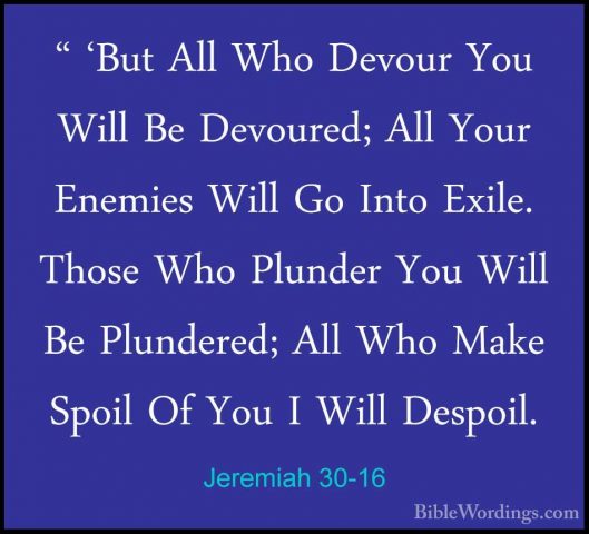 Jeremiah 30-16 - " 'But All Who Devour You Will Be Devoured; All" 'But All Who Devour You Will Be Devoured; All Your Enemies Will Go Into Exile. Those Who Plunder You Will Be Plundered; All Who Make Spoil Of You I Will Despoil. 