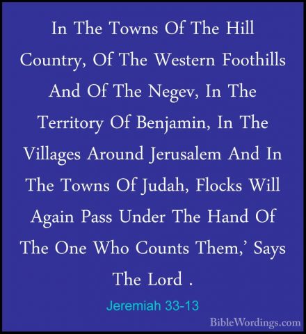 Jeremiah 33-13 - In The Towns Of The Hill Country, Of The WesternIn The Towns Of The Hill Country, Of The Western Foothills And Of The Negev, In The Territory Of Benjamin, In The Villages Around Jerusalem And In The Towns Of Judah, Flocks Will Again Pass Under The Hand Of The One Who Counts Them,' Says The Lord . 