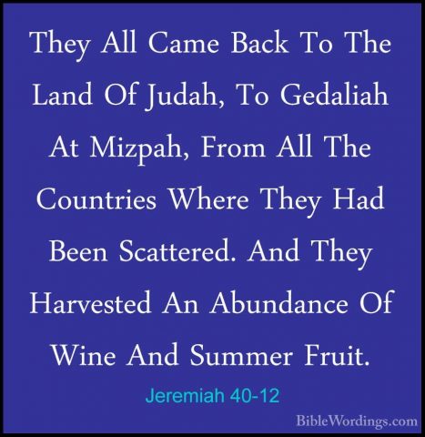 Jeremiah 40-12 - They All Came Back To The Land Of Judah, To GedaThey All Came Back To The Land Of Judah, To Gedaliah At Mizpah, From All The Countries Where They Had Been Scattered. And They Harvested An Abundance Of Wine And Summer Fruit. 