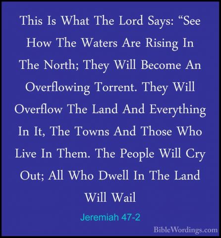 Jeremiah 47-2 - This Is What The Lord Says: "See How The Waters AThis Is What The Lord Says: "See How The Waters Are Rising In The North; They Will Become An Overflowing Torrent. They Will Overflow The Land And Everything In It, The Towns And Those Who Live In Them. The People Will Cry Out; All Who Dwell In The Land Will Wail 