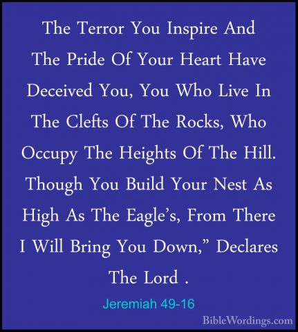 Jeremiah 49-16 - The Terror You Inspire And The Pride Of Your HeaThe Terror You Inspire And The Pride Of Your Heart Have Deceived You, You Who Live In The Clefts Of The Rocks, Who Occupy The Heights Of The Hill. Though You Build Your Nest As High As The Eagle's, From There I Will Bring You Down," Declares The Lord . 