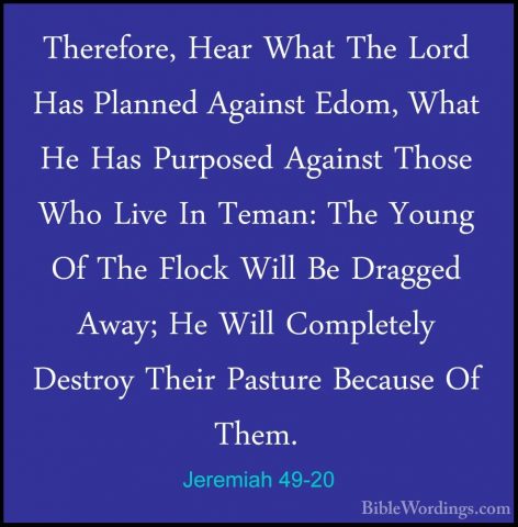 Jeremiah 49-20 - Therefore, Hear What The Lord Has Planned AgainsTherefore, Hear What The Lord Has Planned Against Edom, What He Has Purposed Against Those Who Live In Teman: The Young Of The Flock Will Be Dragged Away; He Will Completely Destroy Their Pasture Because Of Them. 