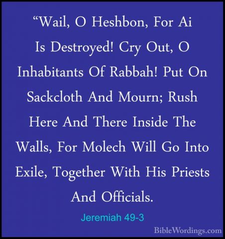 Jeremiah 49-3 - "Wail, O Heshbon, For Ai Is Destroyed! Cry Out, O"Wail, O Heshbon, For Ai Is Destroyed! Cry Out, O Inhabitants Of Rabbah! Put On Sackcloth And Mourn; Rush Here And There Inside The Walls, For Molech Will Go Into Exile, Together With His Priests And Officials. 