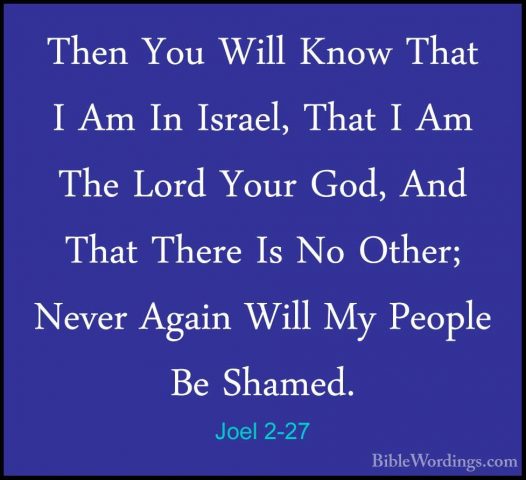 Joel 2-27 - Then You Will Know That I Am In Israel, That I Am TheThen You Will Know That I Am In Israel, That I Am The Lord Your God, And That There Is No Other; Never Again Will My People Be Shamed. 