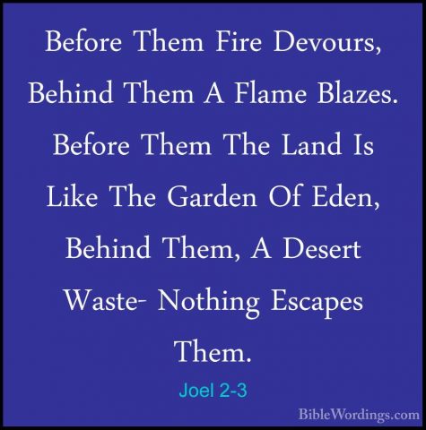 Joel 2-3 - Before Them Fire Devours, Behind Them A Flame Blazes.Before Them Fire Devours, Behind Them A Flame Blazes. Before Them The Land Is Like The Garden Of Eden, Behind Them, A Desert Waste- Nothing Escapes Them. 