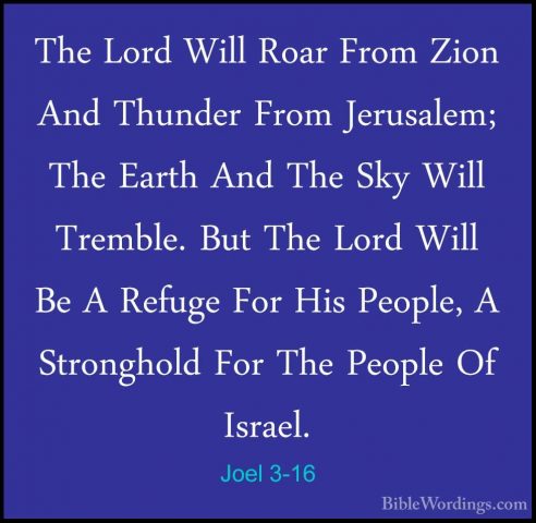 Joel 3-16 - The Lord Will Roar From Zion And Thunder From JerusalThe Lord Will Roar From Zion And Thunder From Jerusalem; The Earth And The Sky Will Tremble. But The Lord Will Be A Refuge For His People, A Stronghold For The People Of Israel. 