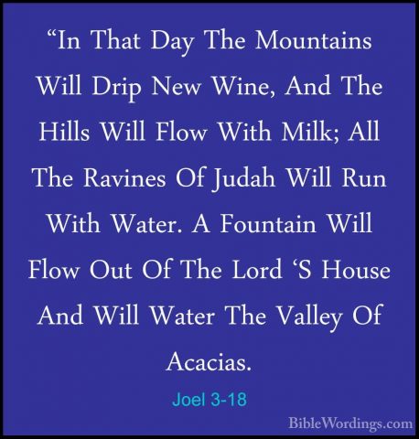 Joel 3-18 - "In That Day The Mountains Will Drip New Wine, And Th"In That Day The Mountains Will Drip New Wine, And The Hills Will Flow With Milk; All The Ravines Of Judah Will Run With Water. A Fountain Will Flow Out Of The Lord 'S House And Will Water The Valley Of Acacias. 