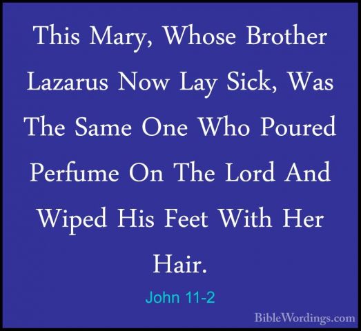 John 11-2 - This Mary, Whose Brother Lazarus Now Lay Sick, Was ThThis Mary, Whose Brother Lazarus Now Lay Sick, Was The Same One Who Poured Perfume On The Lord And Wiped His Feet With Her Hair. 