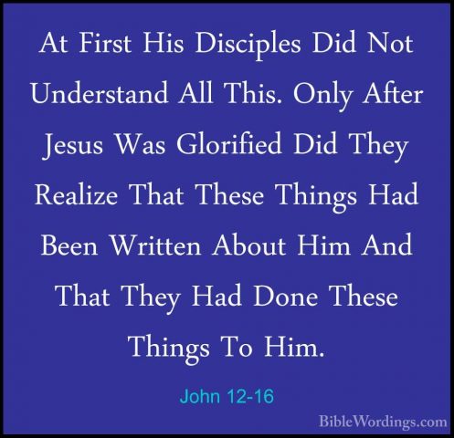 John 12-16 - At First His Disciples Did Not Understand All This.At First His Disciples Did Not Understand All This. Only After Jesus Was Glorified Did They Realize That These Things Had Been Written About Him And That They Had Done These Things To Him. 