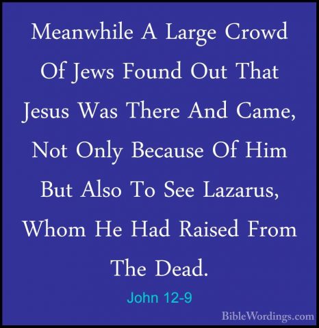 John 12-9 - Meanwhile A Large Crowd Of Jews Found Out That JesusMeanwhile A Large Crowd Of Jews Found Out That Jesus Was There And Came, Not Only Because Of Him But Also To See Lazarus, Whom He Had Raised From The Dead. 