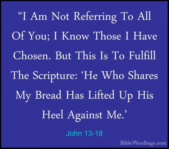 John 13-18 - "I Am Not Referring To All Of You; I Know Those I Ha"I Am Not Referring To All Of You; I Know Those I Have Chosen. But This Is To Fulfill The Scripture: 'He Who Shares My Bread Has Lifted Up His Heel Against Me.' 