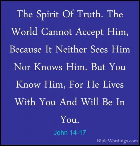 John 14-17 - The Spirit Of Truth. The World Cannot Accept Him, BeThe Spirit Of Truth. The World Cannot Accept Him, Because It Neither Sees Him Nor Knows Him. But You Know Him, For He Lives With You And Will Be In You. 