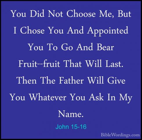 John 15-16 - You Did Not Choose Me, But I Chose You And AppointedYou Did Not Choose Me, But I Chose You And Appointed You To Go And Bear Fruit--fruit That Will Last. Then The Father Will Give You Whatever You Ask In My Name. 