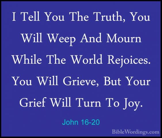 John 16-20 - I Tell You The Truth, You Will Weep And Mourn WhileI Tell You The Truth, You Will Weep And Mourn While The World Rejoices. You Will Grieve, But Your Grief Will Turn To Joy. 
