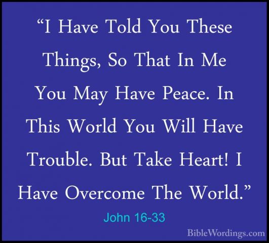 John 16-33 - "I Have Told You These Things, So That In Me You May"I Have Told You These Things, So That In Me You May Have Peace. In This World You Will Have Trouble. But Take Heart! I Have Overcome The World."
