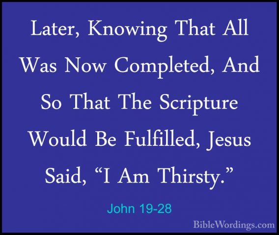 John 19-28 - Later, Knowing That All Was Now Completed, And So ThLater, Knowing That All Was Now Completed, And So That The Scripture Would Be Fulfilled, Jesus Said, "I Am Thirsty." 