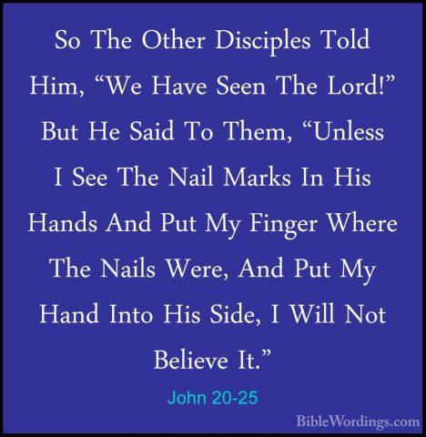 John 20-25 - So The Other Disciples Told Him, "We Have Seen The LSo The Other Disciples Told Him, "We Have Seen The Lord!" But He Said To Them, "Unless I See The Nail Marks In His Hands And Put My Finger Where The Nails Were, And Put My Hand Into His Side, I Will Not Believe It." 