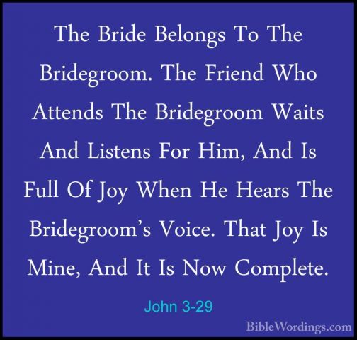 John 3-29 - The Bride Belongs To The Bridegroom. The Friend Who AThe Bride Belongs To The Bridegroom. The Friend Who Attends The Bridegroom Waits And Listens For Him, And Is Full Of Joy When He Hears The Bridegroom's Voice. That Joy Is Mine, And It Is Now Complete. 