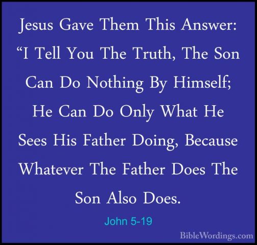 John 5-19 - Jesus Gave Them This Answer: "I Tell You The Truth, TJesus Gave Them This Answer: "I Tell You The Truth, The Son Can Do Nothing By Himself; He Can Do Only What He Sees His Father Doing, Because Whatever The Father Does The Son Also Does. 