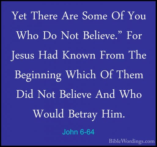 John 6-64 - Yet There Are Some Of You Who Do Not Believe." For JeYet There Are Some Of You Who Do Not Believe." For Jesus Had Known From The Beginning Which Of Them Did Not Believe And Who Would Betray Him. 