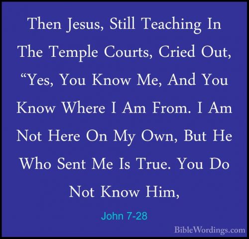 John 7-28 - Then Jesus, Still Teaching In The Temple Courts, CrieThen Jesus, Still Teaching In The Temple Courts, Cried Out, "Yes, You Know Me, And You Know Where I Am From. I Am Not Here On My Own, But He Who Sent Me Is True. You Do Not Know Him, 
