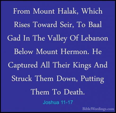 Joshua 11-17 - From Mount Halak, Which Rises Toward Seir, To BaalFrom Mount Halak, Which Rises Toward Seir, To Baal Gad In The Valley Of Lebanon Below Mount Hermon. He Captured All Their Kings And Struck Them Down, Putting Them To Death. 