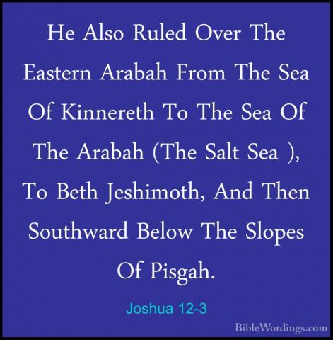 Joshua 12-3 - He Also Ruled Over The Eastern Arabah From The SeaHe Also Ruled Over The Eastern Arabah From The Sea Of Kinnereth To The Sea Of The Arabah (The Salt Sea ), To Beth Jeshimoth, And Then Southward Below The Slopes Of Pisgah. 