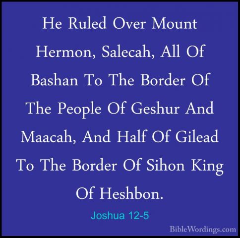 Joshua 12-5 - He Ruled Over Mount Hermon, Salecah, All Of BashanHe Ruled Over Mount Hermon, Salecah, All Of Bashan To The Border Of The People Of Geshur And Maacah, And Half Of Gilead To The Border Of Sihon King Of Heshbon. 